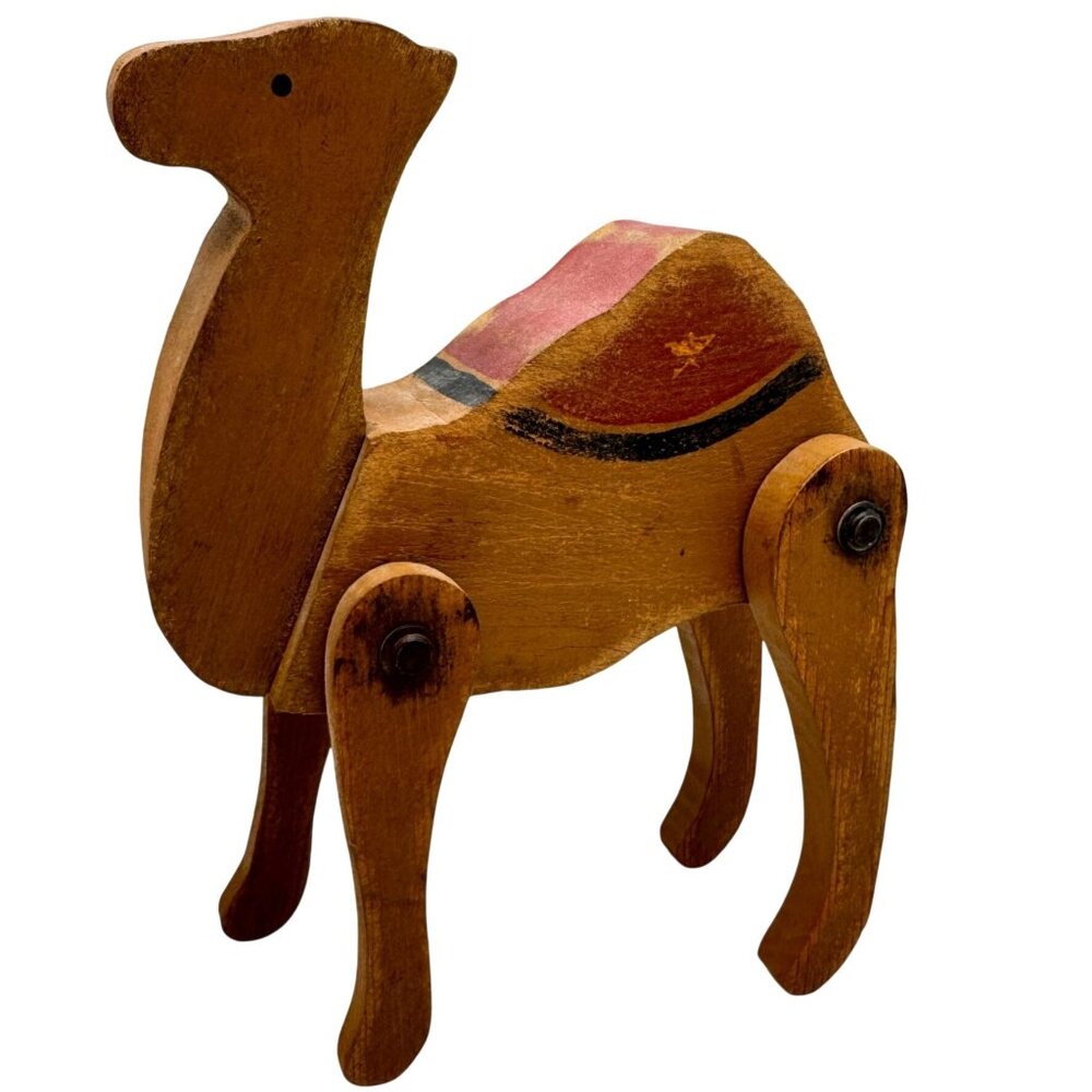 Handcrafted Primative Wooden Camel Figurine Articulated Legs Brown Red Blue Vtg